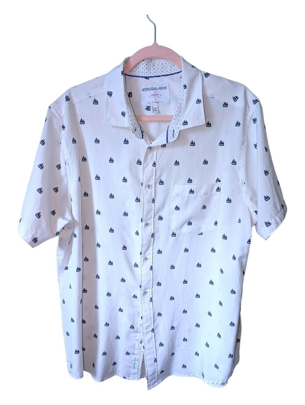 International Report 4 Way Stretch Sailboat Print Short Sleeve Button Down XL